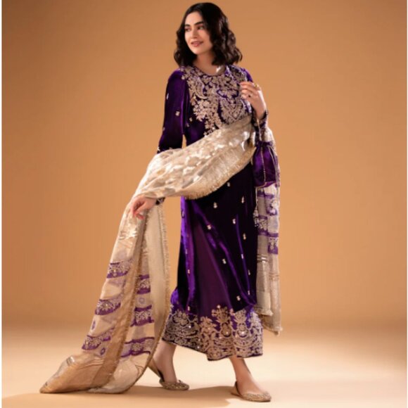 Faiza Saqlain “Madno” Velvet 3-Piece Set • Size M • Purple & Gold Formal - Picture 2 of 4